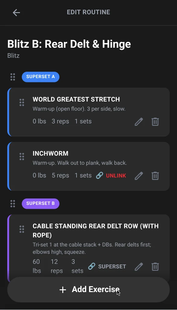 Edit routine screen